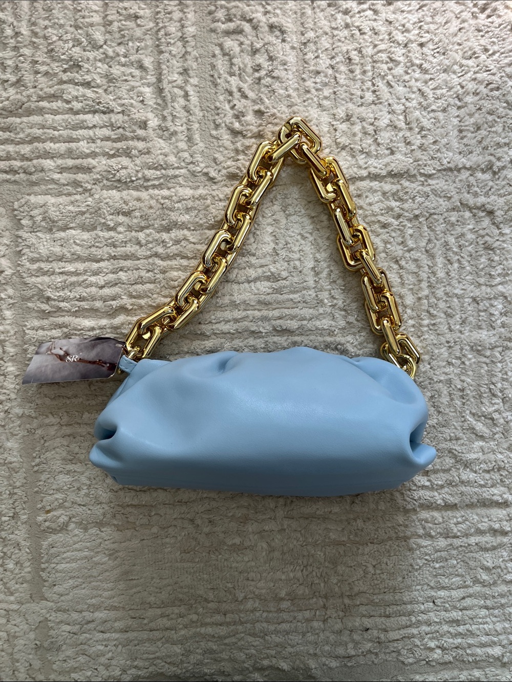 Melie Bianco Powder Blue Puff Shoulder Bag with Gold Chain